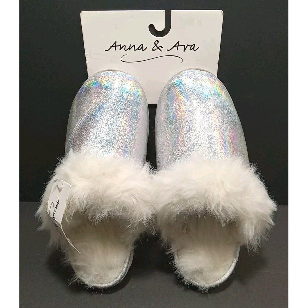 Anna & Ava Mule Slippers FAUX FUR Size L (9-10) Silver Metallic New With Tags